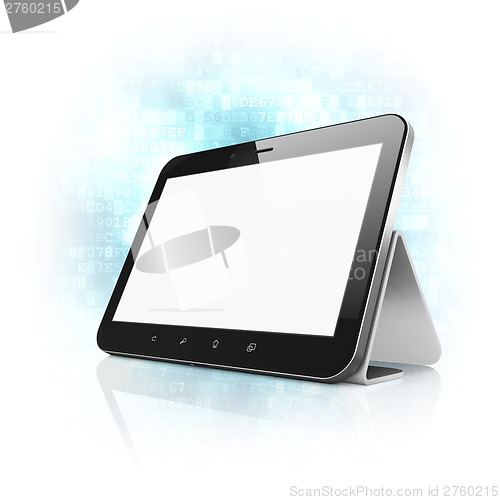 Image of Black abstract tablet computer (tablet pc) with stand on digital