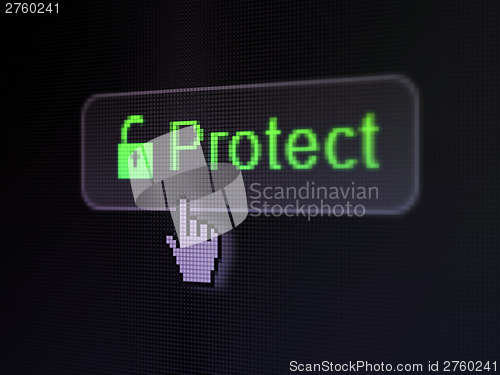 Image of Privacy concept: Protect and Opened Padlock on digital button ba
