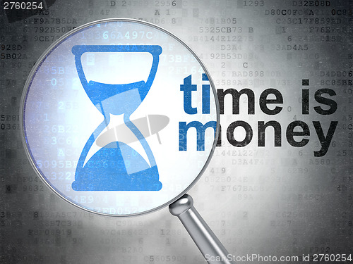 Image of Time concept: Hourglass and Time is Money with optical glass