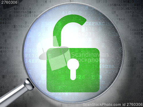 Image of Information concept:  Opened Padlock with optical glass on digit