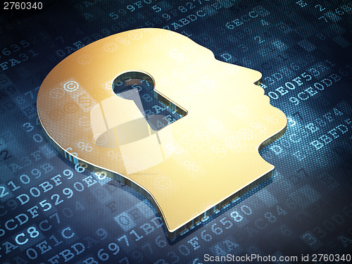 Image of Privacy concept: Golden Head Whis Keyhole on digital background