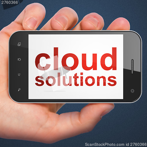 Image of Cloud technology concept: Cloud Solutions on smartphone