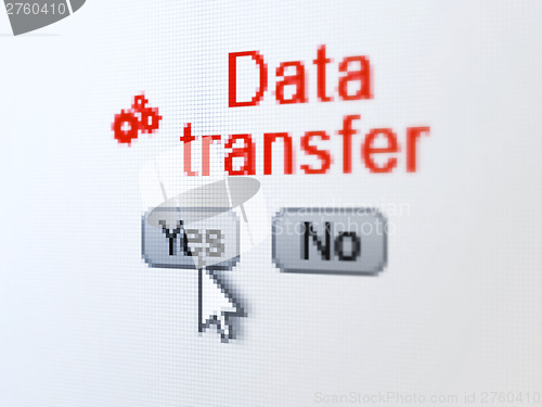 Image of Data concept: Gears icon and Data Transfer on digital computer s