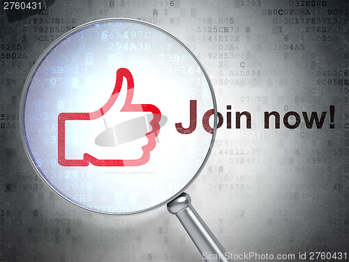Image of Social media concept: Like and Join now! with optical glass