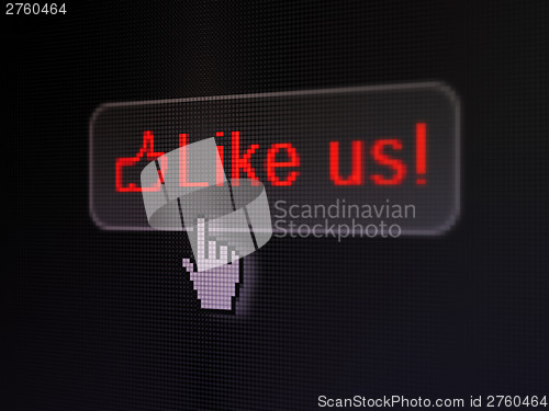 Image of Social network concept: Like us! and Like on digital button back