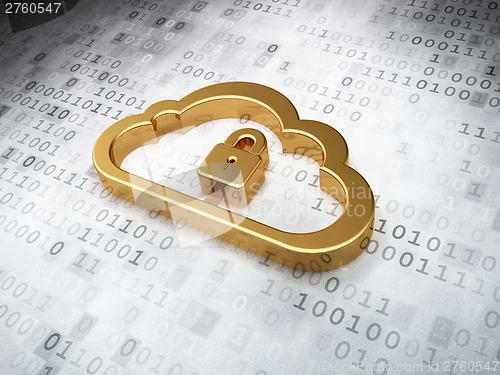 Image of Cloud computing concept: Golden Cloud Whis Padlock on digital ba