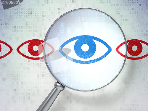 Image of Safety concept: Eye with optical glass on digital background