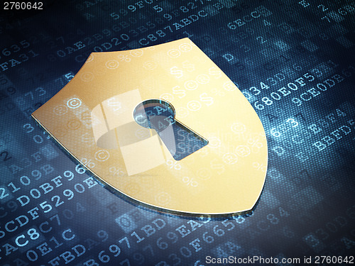 Image of Protection concept: Gold Shield With Keyhole on digital backgrou