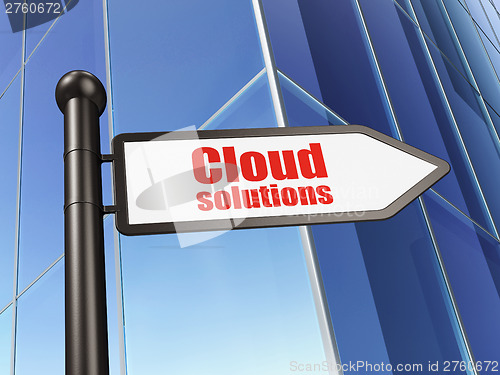 Image of Cloud computing concept: Cloud Solutions on Building background