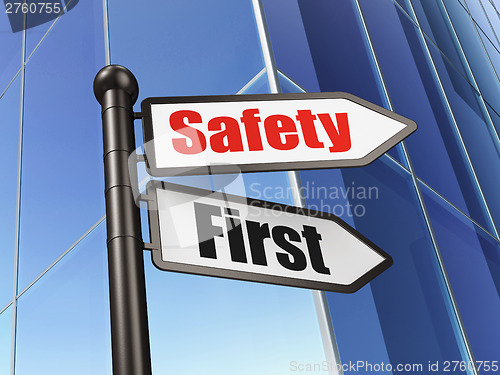 Image of Protection concept: Safety First on Business Building background
