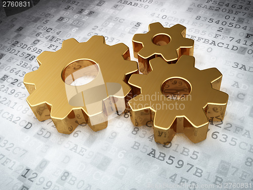 Image of Web development concept: Golden Gears on digital background