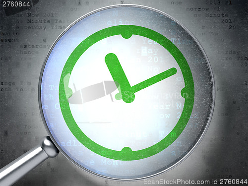 Image of Timeline concept:  Clock with optical glass on digital backgroun