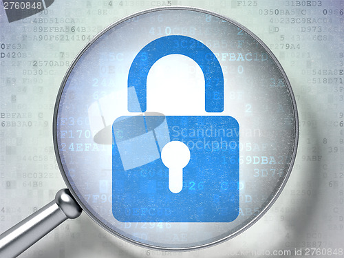 Image of Data concept:  Closed Padlock with optical glass on digital back