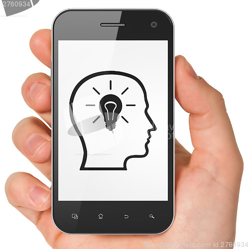 Image of Advertising concept: Head Whis Lightbulb on smartphone