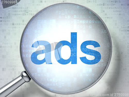 Image of Marketing concept: Ads with optical glass on digital background