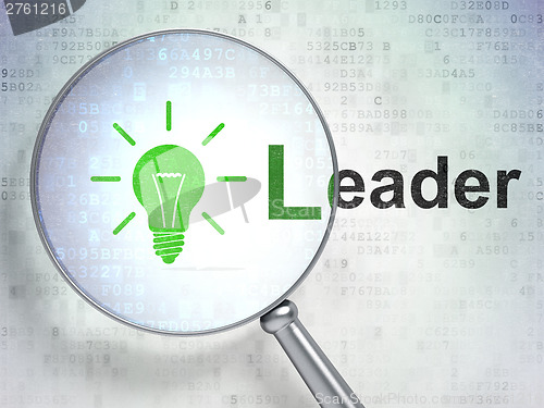 Image of Finance concept: optical glass with Light Bulb icon and &amp;quot;Leader&amp;quot;