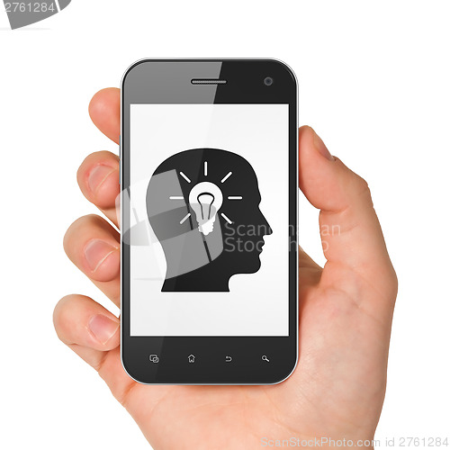 Image of Information concept: Head Whis Light Bulb on smartphone