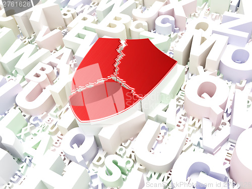 Image of Security concept: Broken Shield on alphabet background