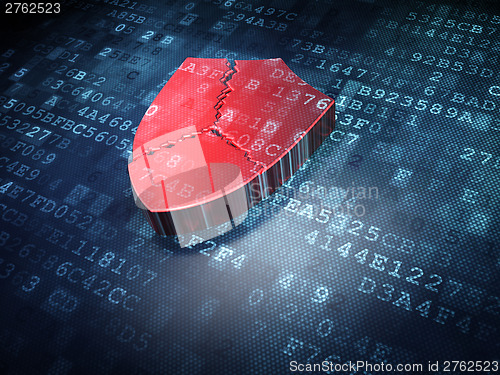 Image of Security concept: Red Broken Shield on digital background