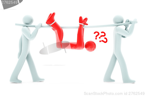Image of Two gray people carry red man tied to a pole