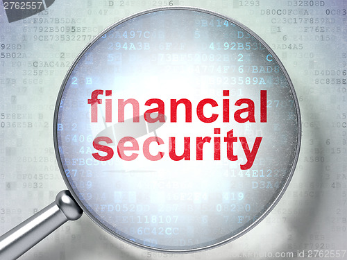 Image of Magnifying optical glass with words financial security on digita