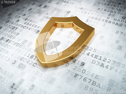 Image of golden contoured shield on digital background