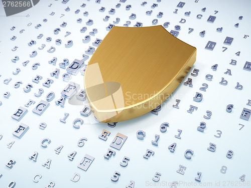 Image of Security concept: golden shield on digital background