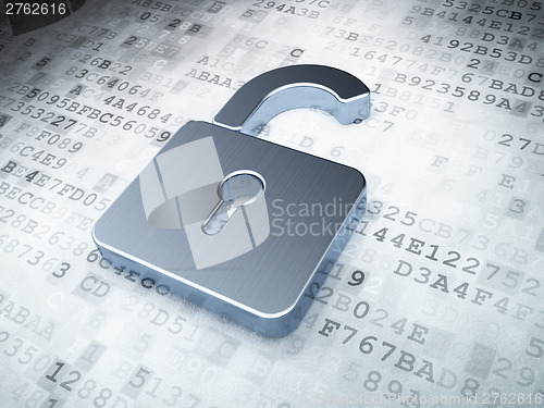 Image of silver opened padlock on digital background