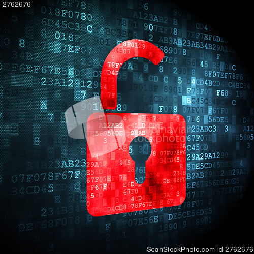 Image of Security concept: opened padlock on digital background