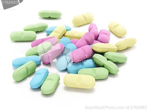 Image of Many colored pills on white