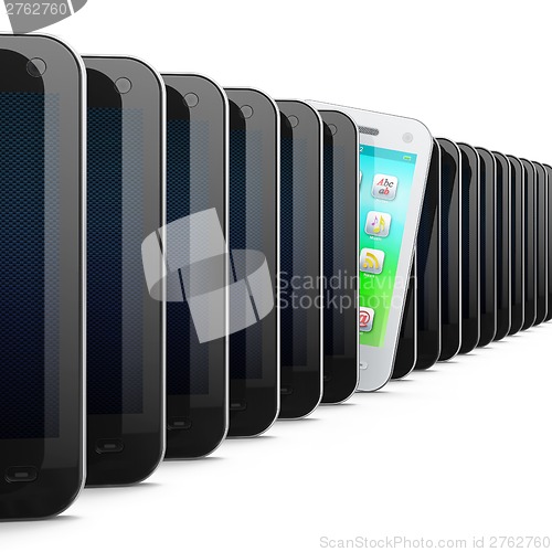 Image of Beautiful white smartphone in row of black phones