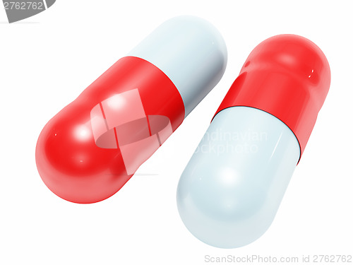 Image of Two shiny white-blue medical pills isolated