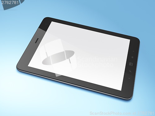 Image of Beautiful black tablet pc on blue background