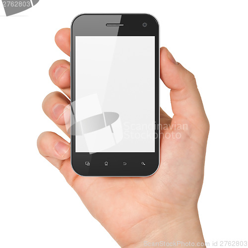 Image of Hand holding smartphone on white background. Generic mobile smart phone