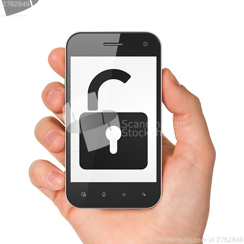 Image of Hand holding smartphone with opened padlock