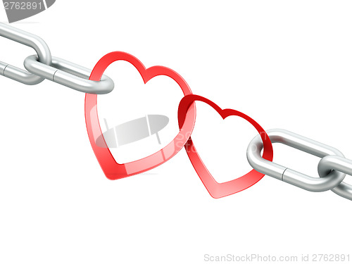 Image of Steel chain with two joined red hearts