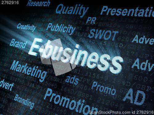 Image of Pixeled word E-business on digital screen
