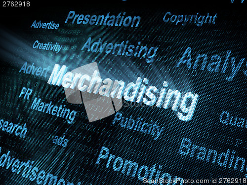 Image of Pixeled word Merchandising on digital screen
