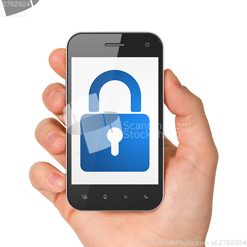 Image of Hand holding smartphone with closed padlock