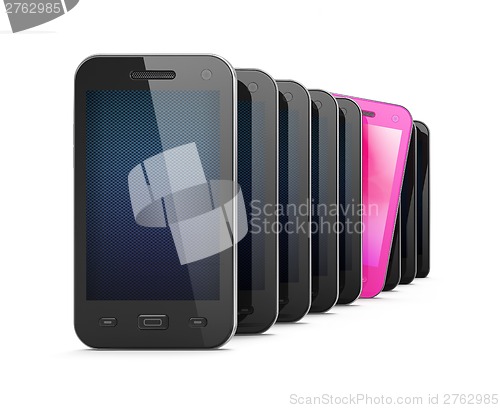 Image of Beautiful pink smartphone among many black smartphones