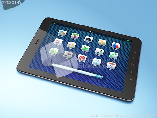 Image of Beautiful black tablet pc on blue background