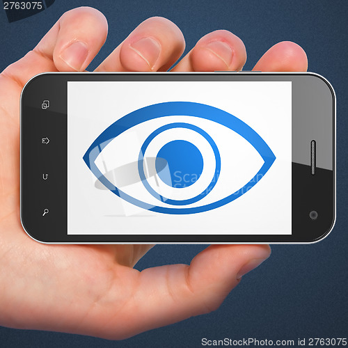 Image of Hand holding smartphone with eye on display.