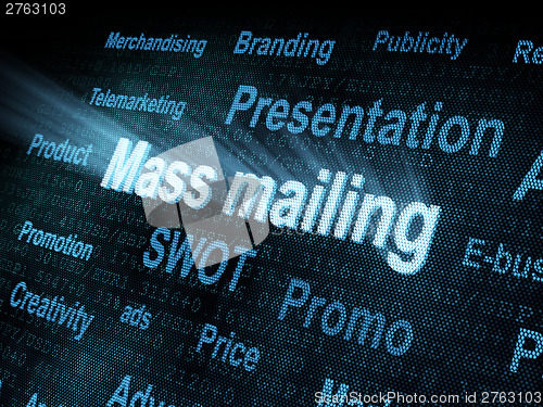 Image of Pixeled word Mass mailing on digital screen