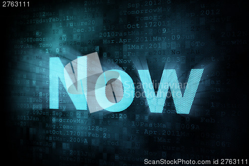 Image of Timeline concept: pixeled word Now on digital screen