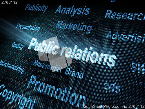 Image of Pixeled word Public relations on digital screen