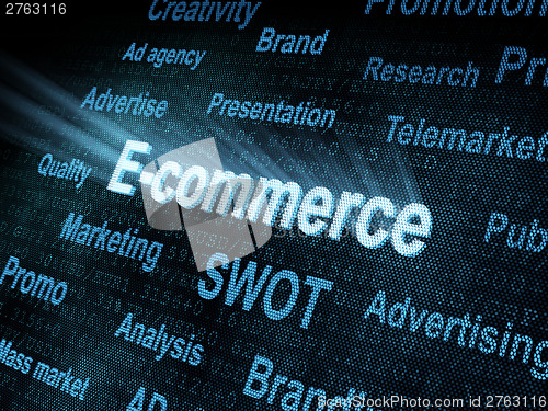 Image of Pixeled word E-commerce on digital screen