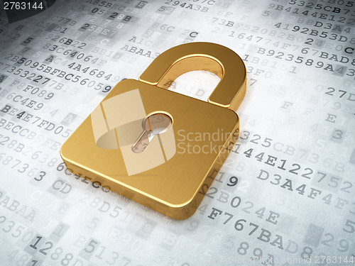 Image of golden closed padlock on digital background