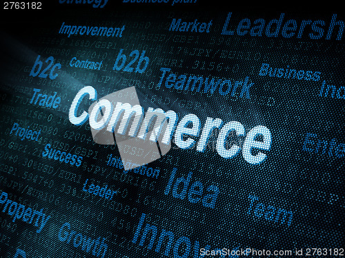 Image of Pixeled word Commerce on digital screen