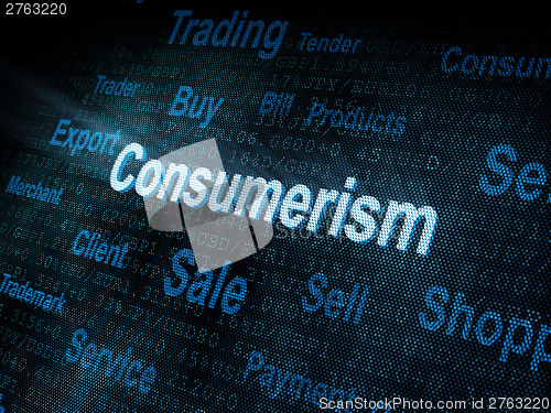 Image of Pixeled word Consumerism on digital screen