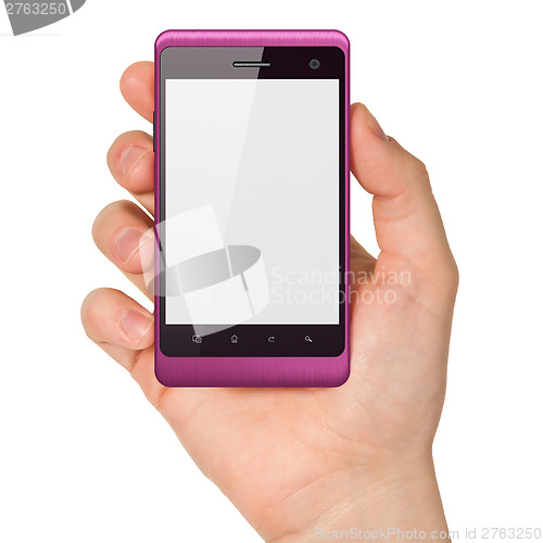 Image of Hand holding smartphone on white background. Generic mobile smart phone